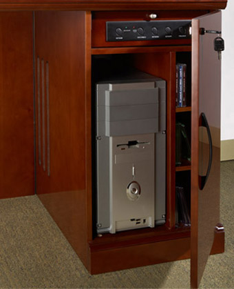 Sorrento Optional CPU Pedestals feature a ventilated CPU tower compartment, three adjustable storage compartments, and a standard power module with outlets for CPU, Printer and Monitor.