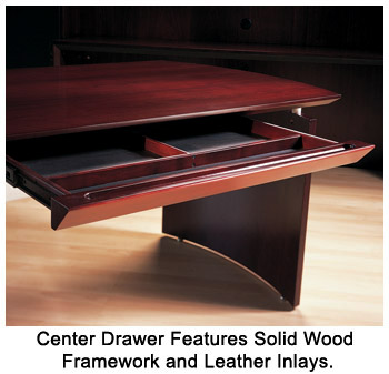 Center Drawer Features Solid Wood  Framework and Leather Inlays.